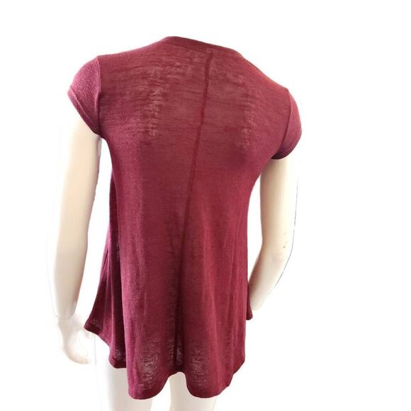 Women's small hybrid Burgundy wine semi-sheer short sleeve flowy boho blouse - Picture 2 of 5